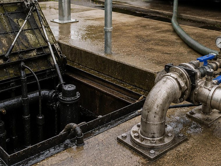 Pump and pipework inside a wastewater chamber